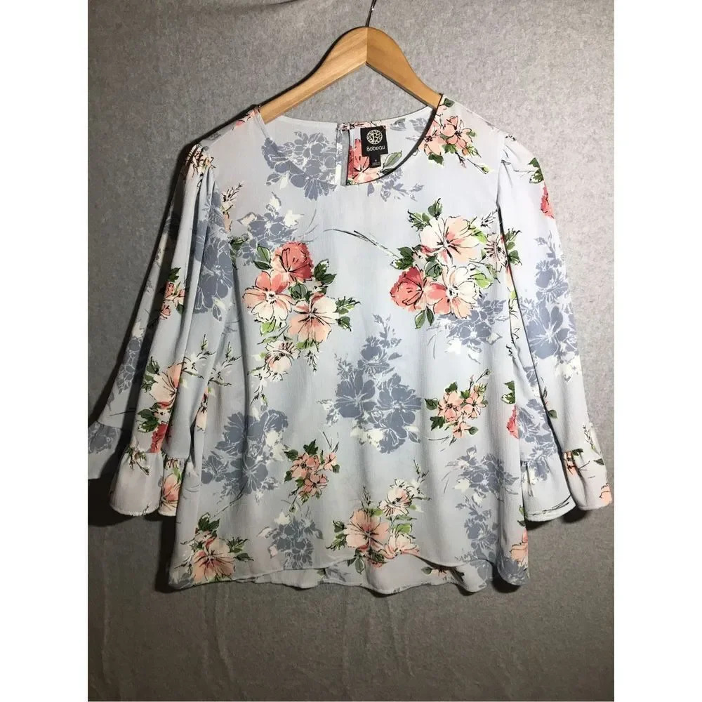 Womens Bobeau Blouse Blue Floral Bell Sleeve Ruffle Cuff Flowy Work Business